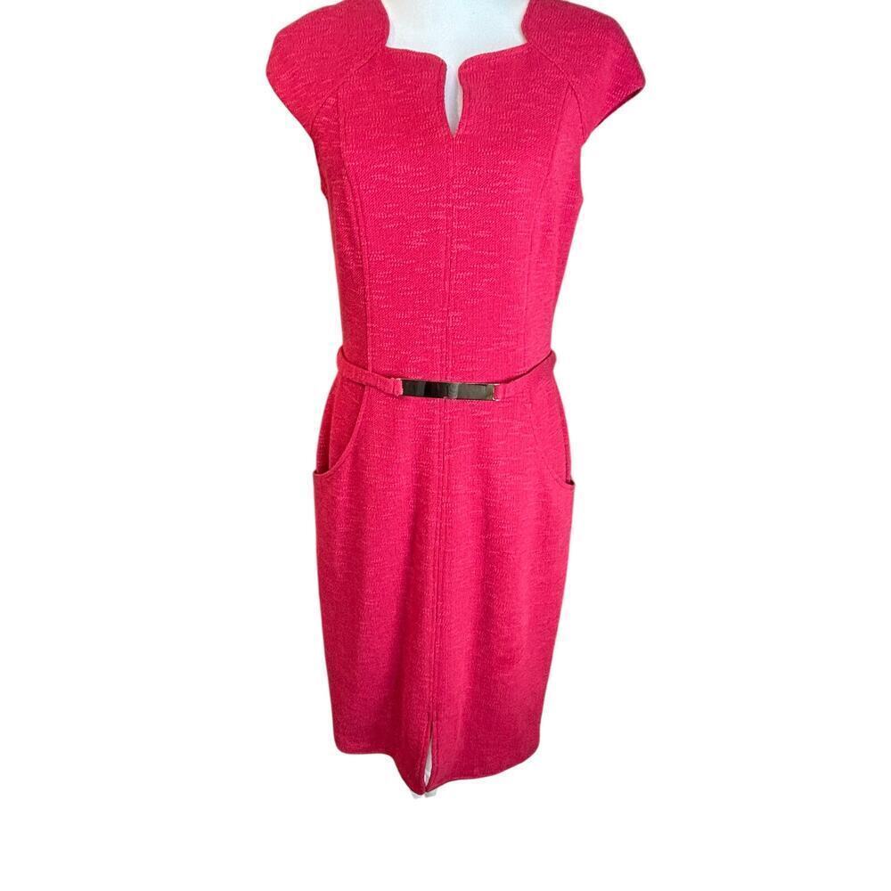 David Meister sheath dress cap sleeve gold hardware belt pockets size 10
